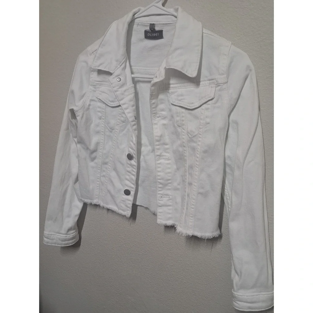 DL1961 White Cropped Denim Jacket Women's Medium Frayed Hem Stretch - Picture 3 of 6